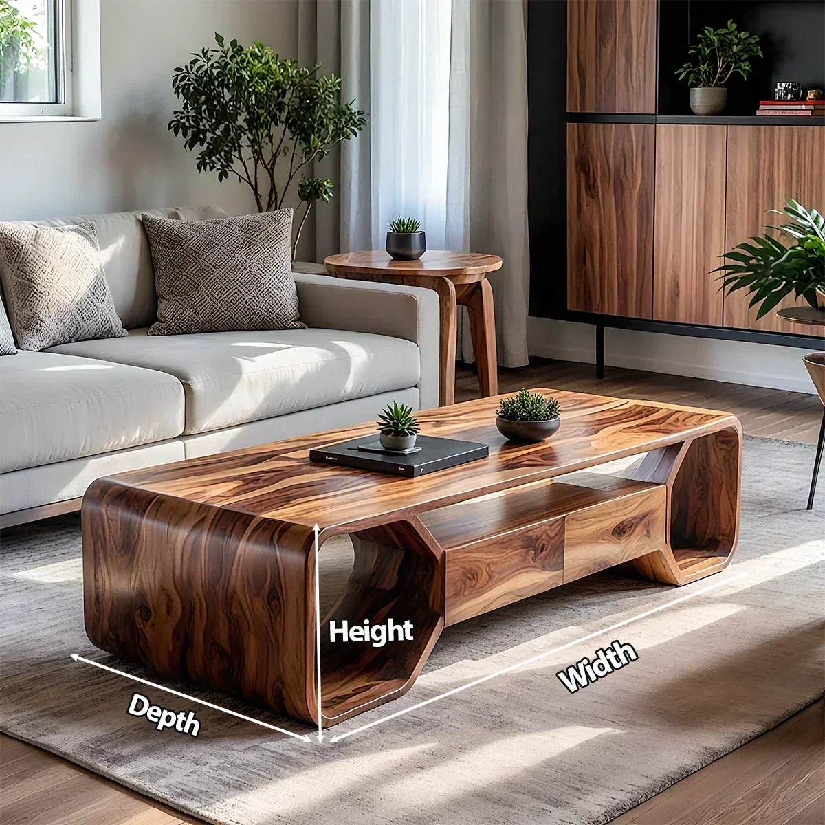 Sculpted Solid Wood Coffee Table With Storage – Modern Curved Form - Elitegemse - View 4