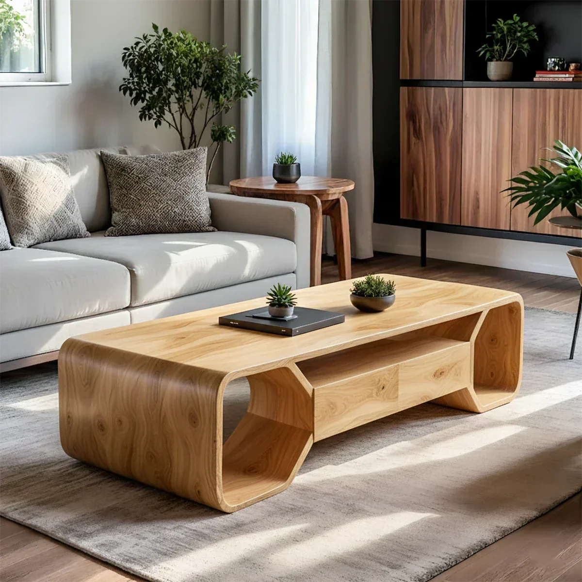 Sculpted Solid Wood Coffee Table With Storage – Modern Curved Form - Elitegemse - View 5