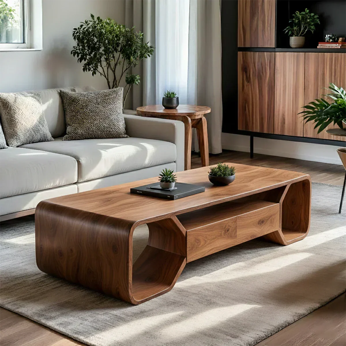 Sculpted Solid Wood Coffee Table With Storage – Modern Curved Form - Elitegemse - View 7