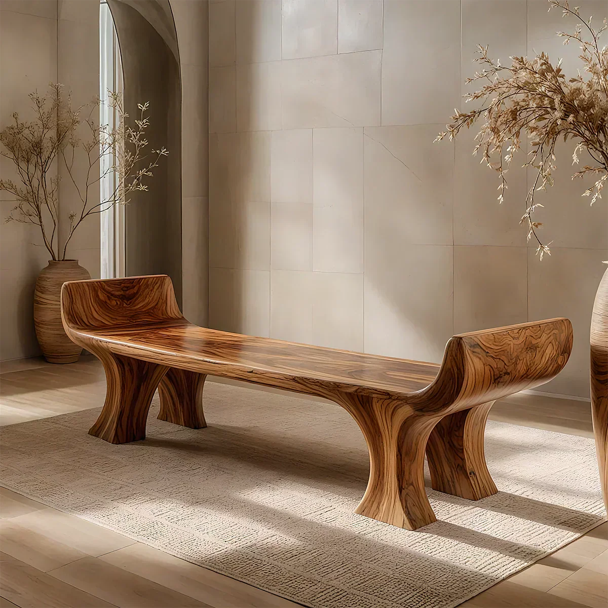 Sculpted Wing-End Bench in Natural Solid Wood - Elitegemse