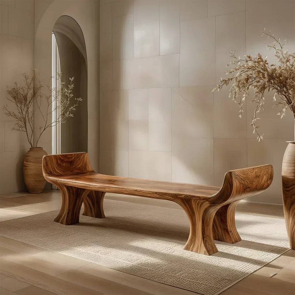 Sculpted Wing-End Bench in Natural Solid Wood - Elitegemse - View 2