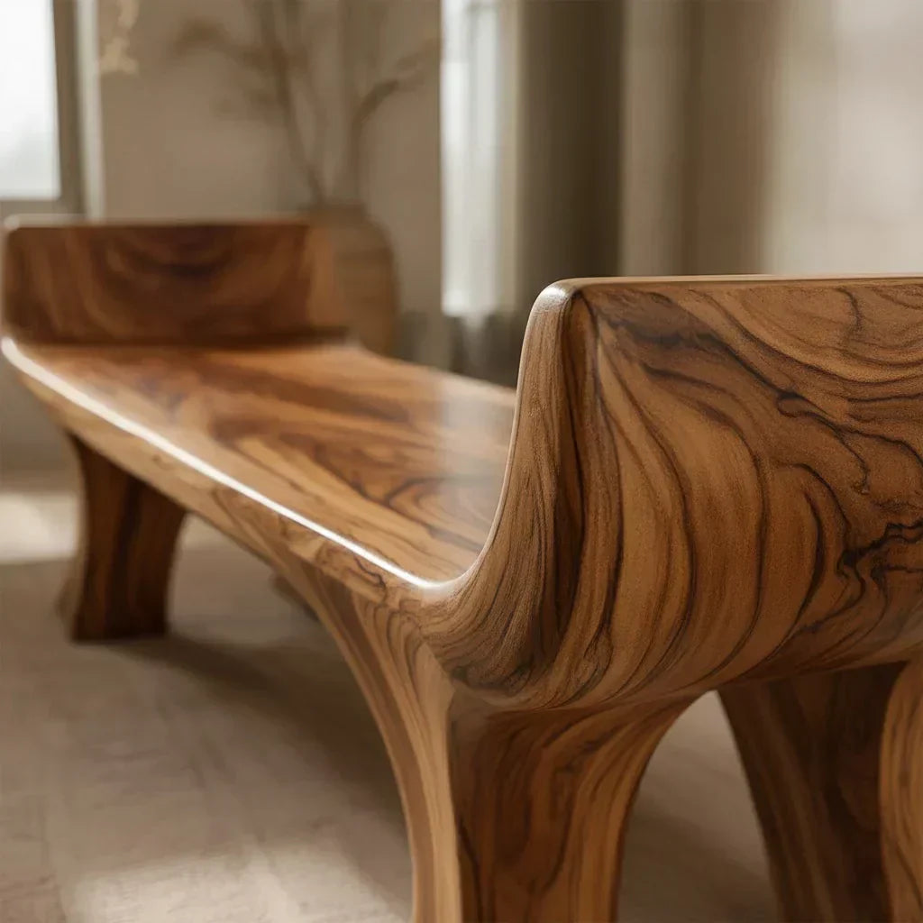 Sculpted Wing-End Bench in Natural Solid Wood - Elitegemse - View 5
