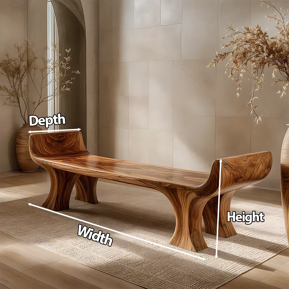Sculpted Wing-End Bench in Natural Solid Wood - Elitegemse - View 6