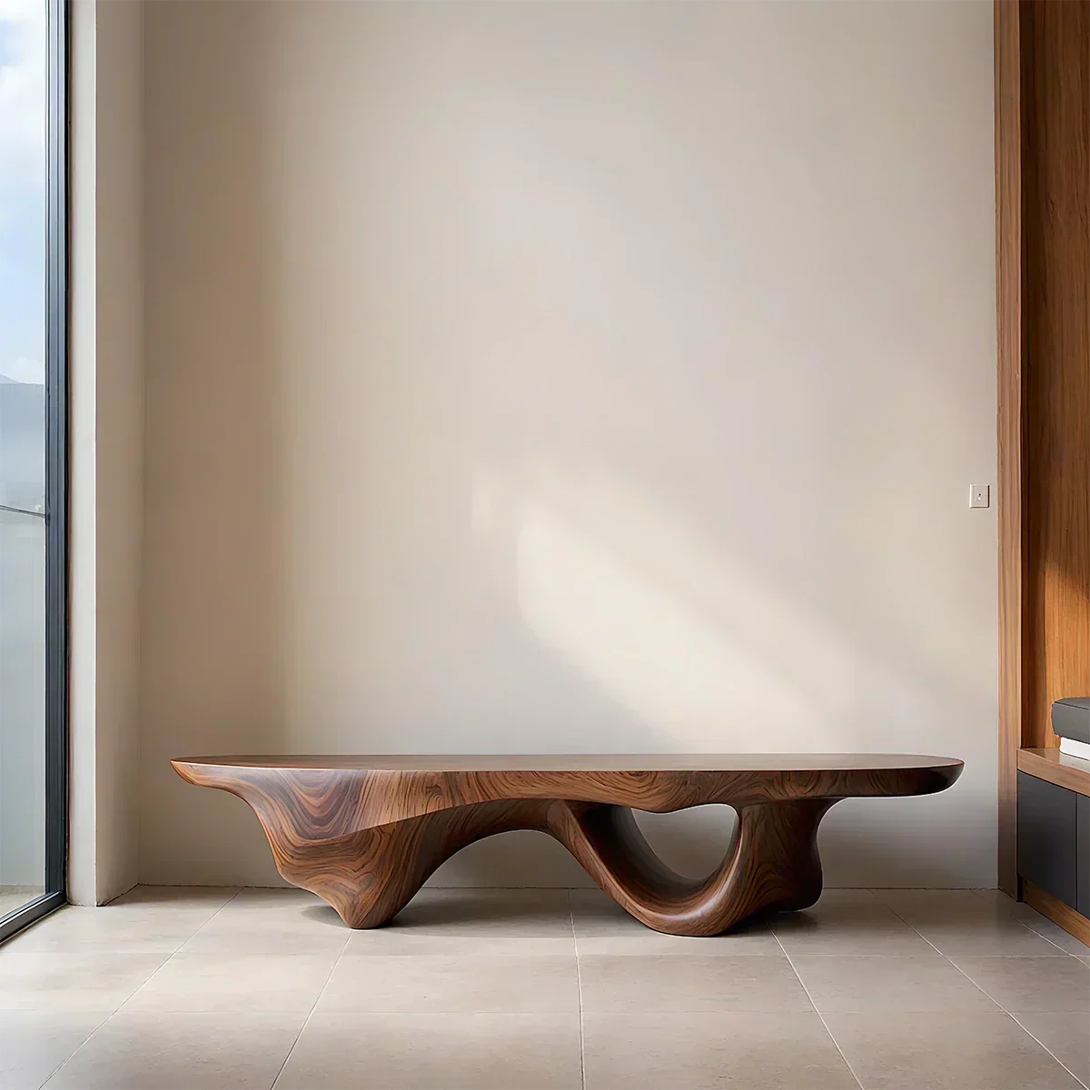 Sculptural Fluid-Form Solid Wood Bench – Modern Organic Art Piece - Elitegemse