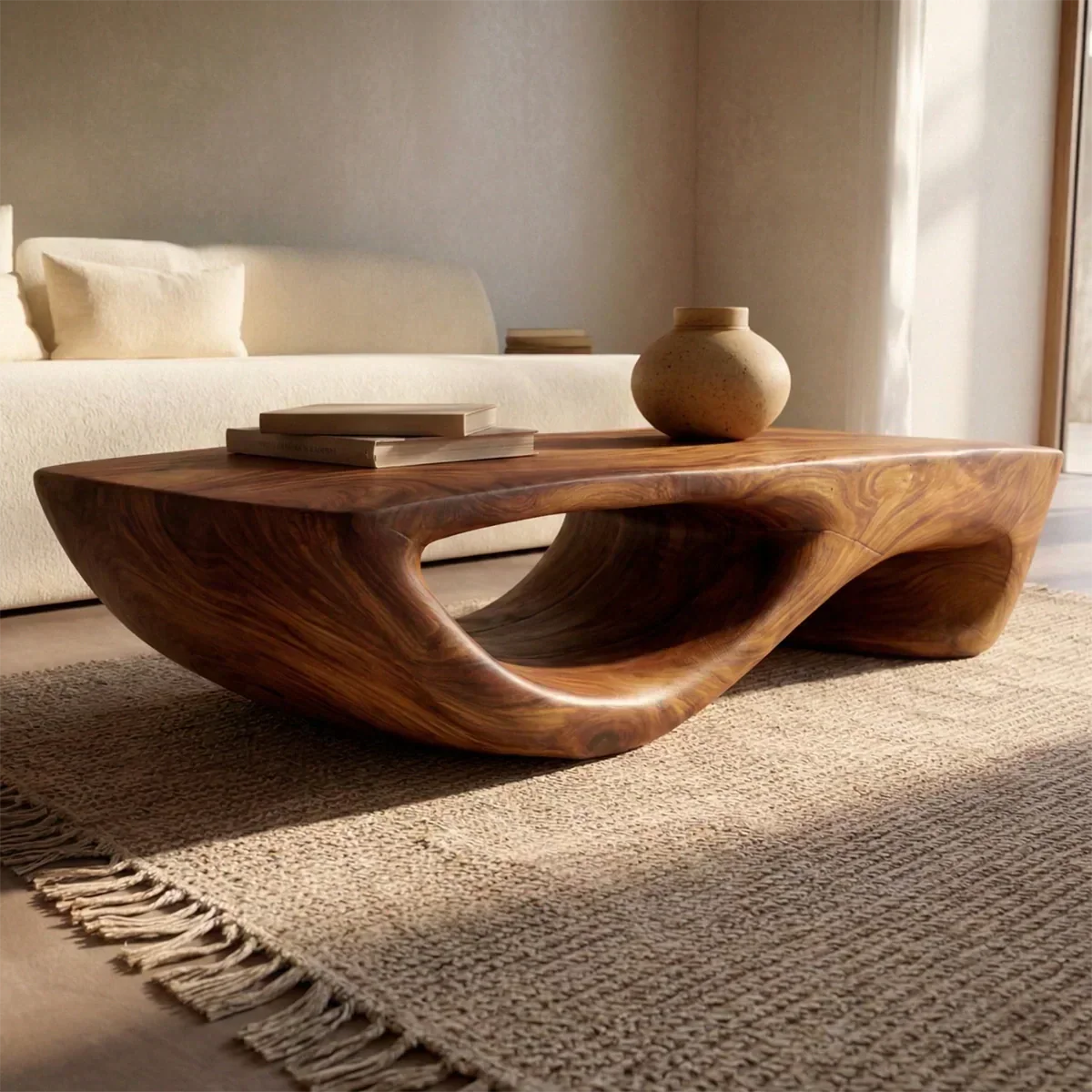 Sculptural Modern Coffee Table with Hollow Curve Base in Natural Solid Wood - Elitegemse - View 2