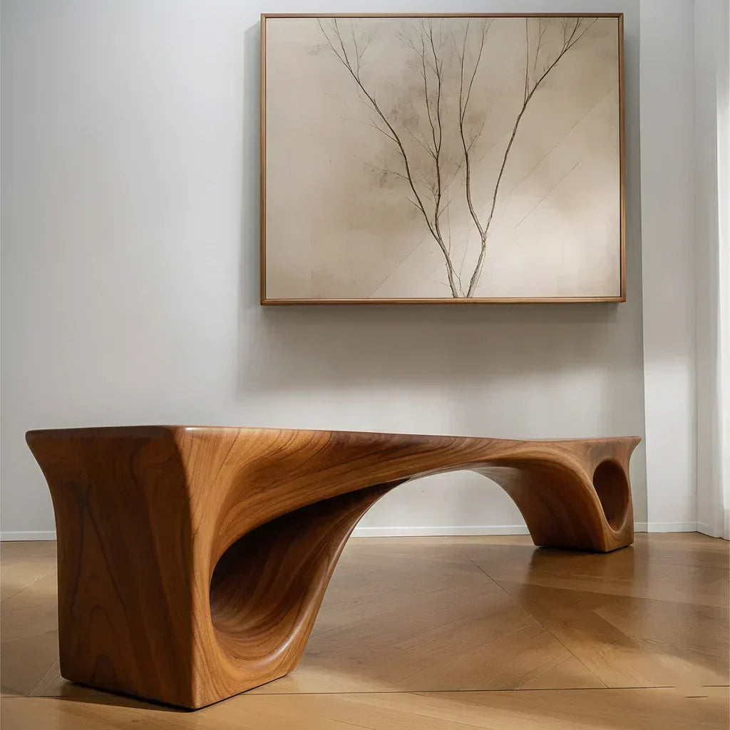 Sculptural Solid Wood Bench – Fluid Modern Form - Elitegemse - View 3