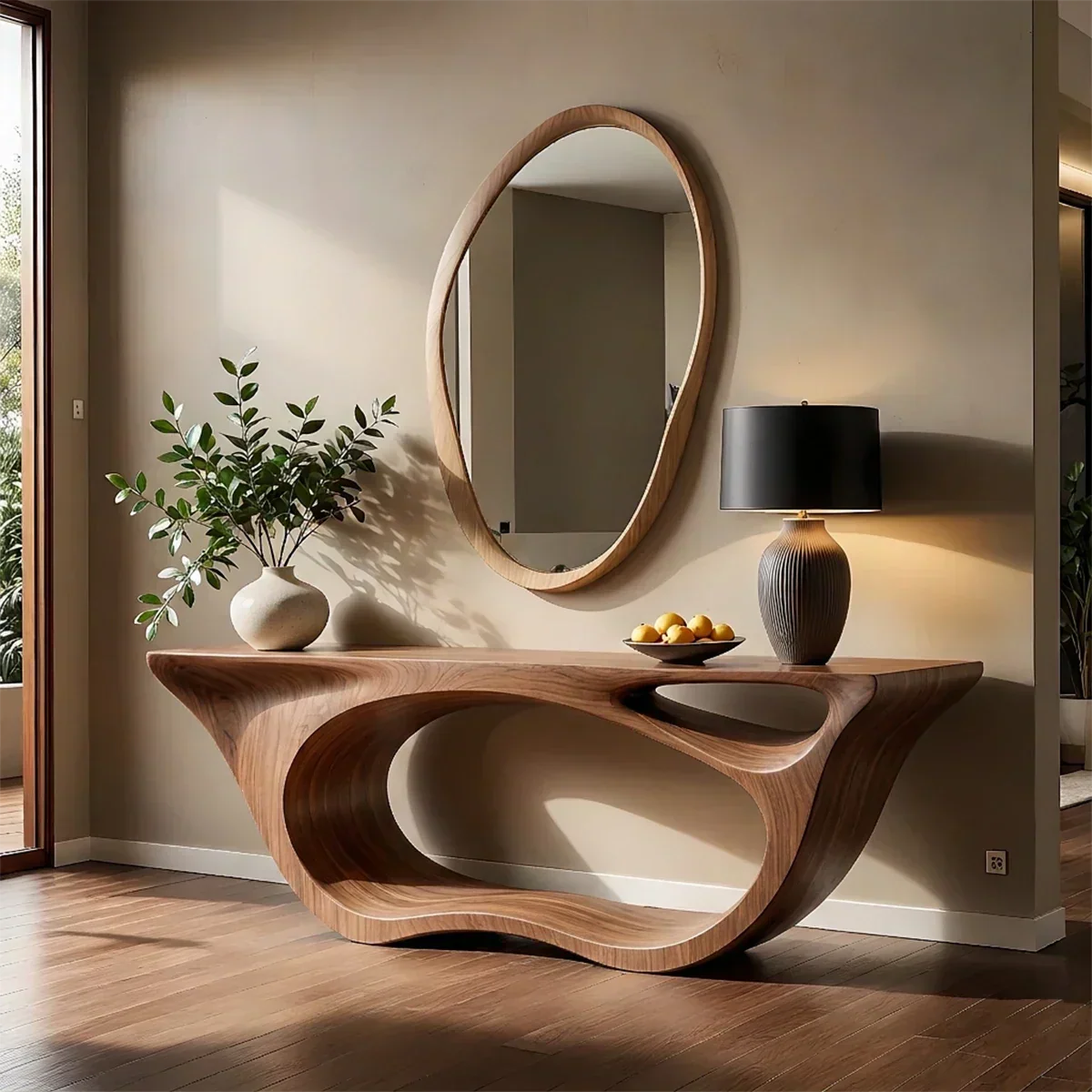 Sculptural Walnut Finish Console Table – Double Loop Wood Design - Elitegemse - View 6