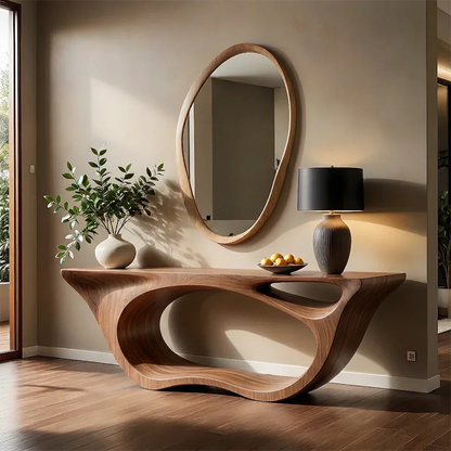Sculptural Walnut Finish Console Table – Double Loop Wood Design - Elitegemse - View 6