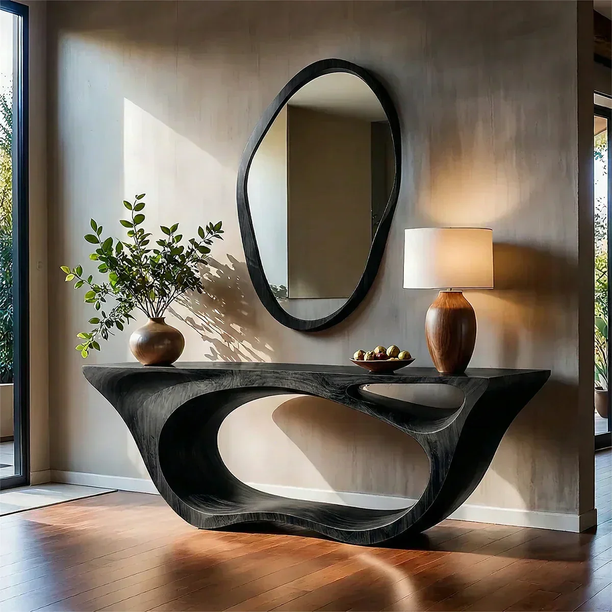 Sculptural Walnut Finish Console Table – Double Loop Wood Design - Elitegemse - View 8