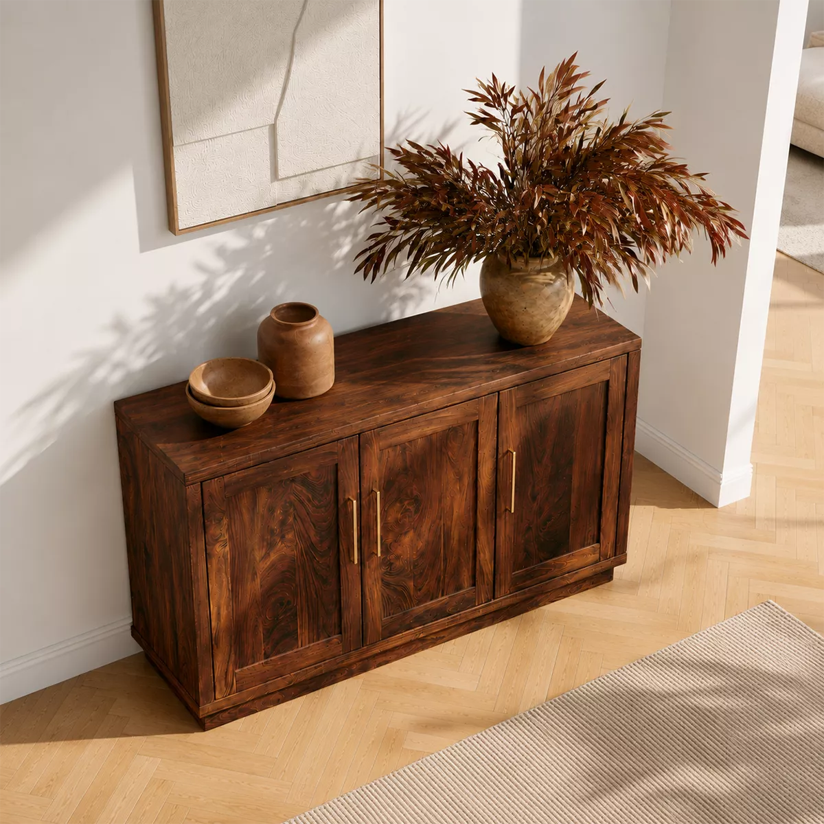 Sideboard with Three Cabinet Doors in Natural Solid Wood for Dining - Elitegemse - 2
