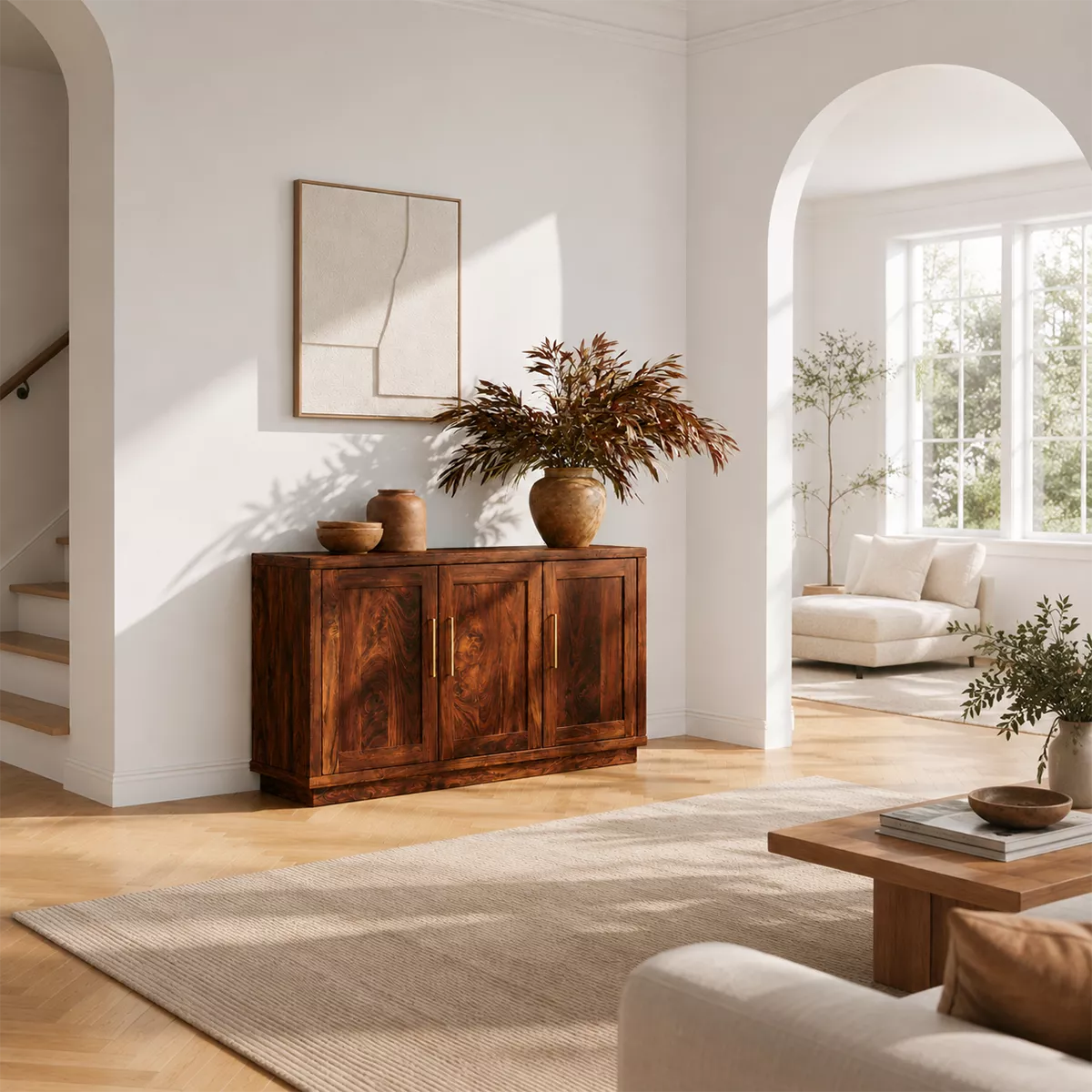 Sideboard with Three Cabinet Doors in Natural Solid Wood for Dining - Elitegemse - 4