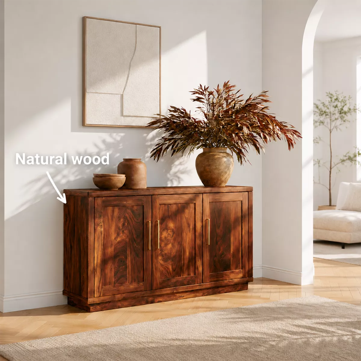 Sideboard with Three Cabinet Doors in Natural Solid Wood for Dining - Elitegemse - 6