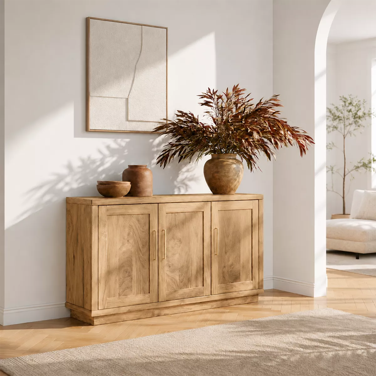 Sideboard with Three Cabinet Doors in Natural Solid Wood for Dining - Elitegemse - 9
