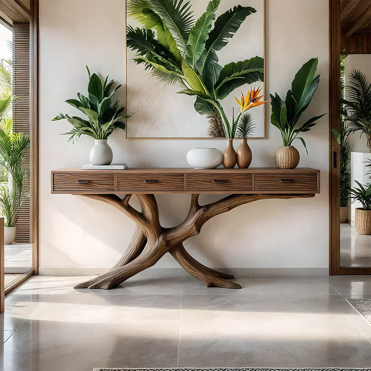 Solid Wood Console Table with Branch-Inspired Sculptural Base & Drawers - Elitegemse