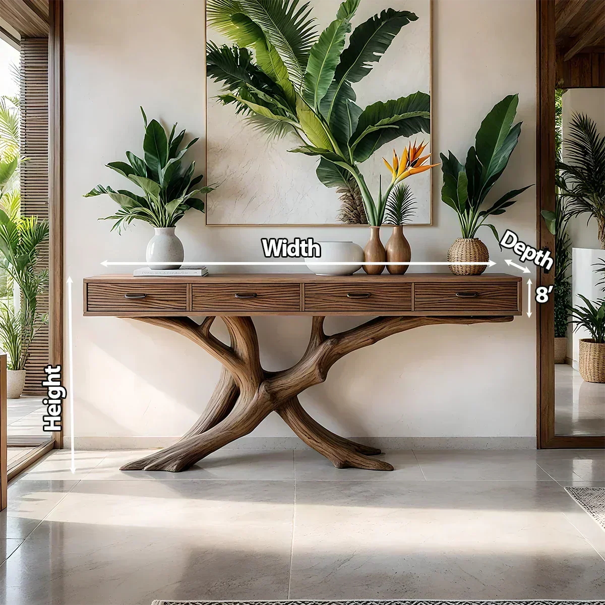 Solid Wood Console Table with Branch-Inspired Sculptural Base & Drawers - Elitegemse - View 5