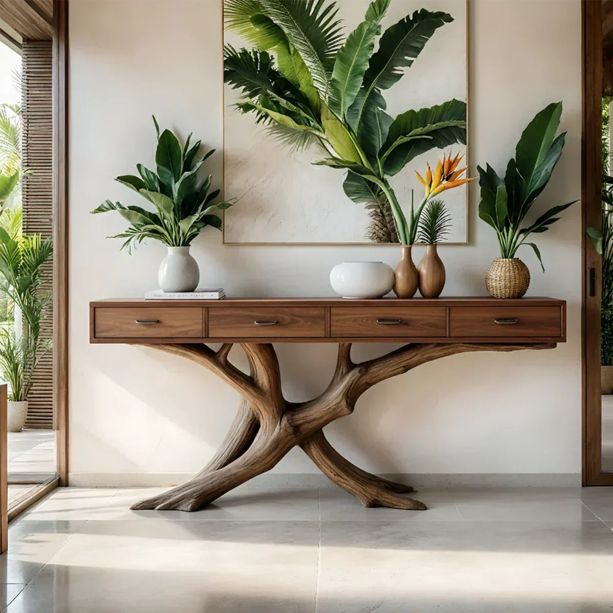 Solid Wood Console Table with Branch-Inspired Sculptural Base & Drawers - Elitegemse - View 8