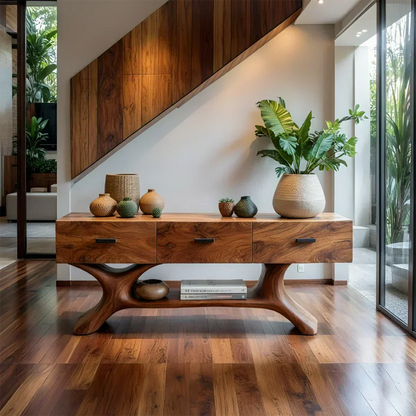 Solid Wood Console Table with Organic Sculptural Base & Drawers - Elitegemse - View 10