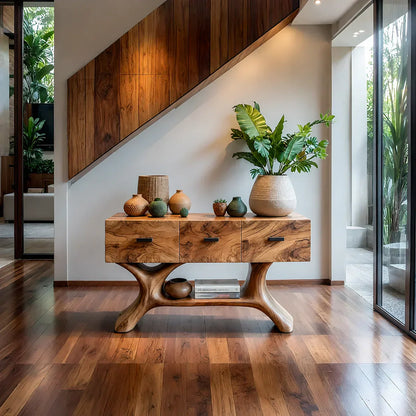Solid Wood Console Table with Organic Sculptural Base & Drawers - Elitegemse - View 12