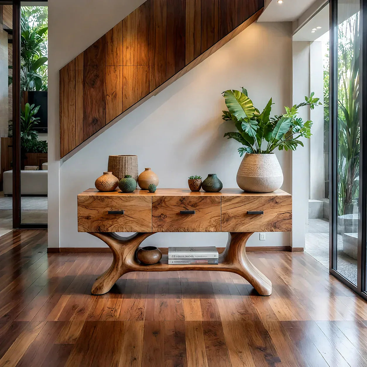 Solid Wood Console Table with Organic Sculptural Base & Drawers - Elitegemse - View 14