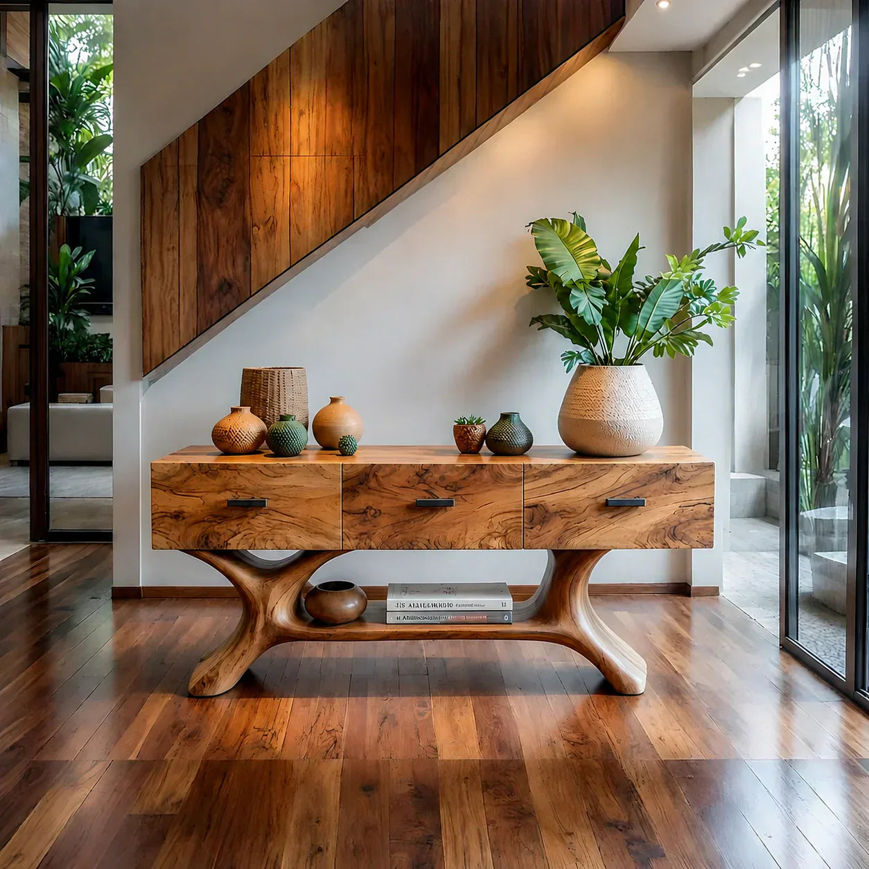 Solid Wood Console Table with Organic Sculptural Base & Drawers - Elitegemse - View 15