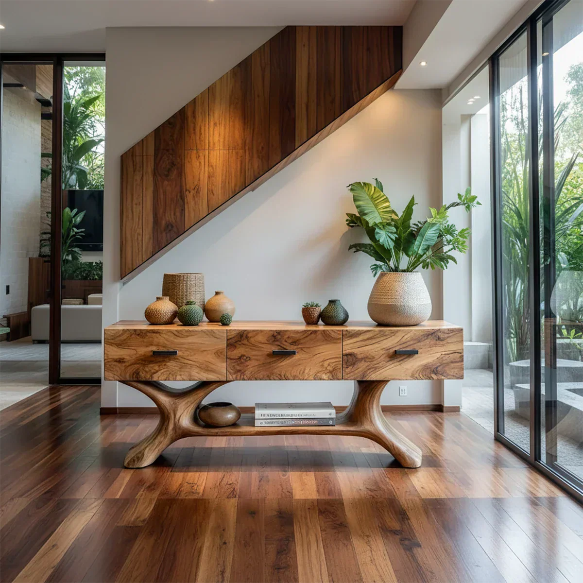 Solid Wood Console Table with Organic Sculptural Base & Drawers - Elitegemse - View 2