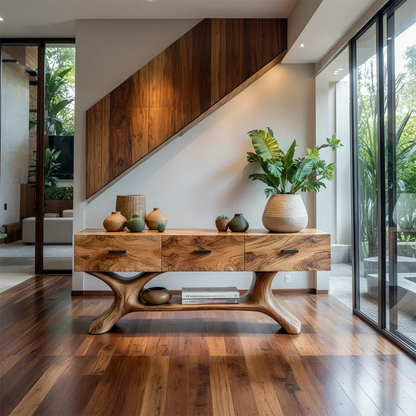 Solid Wood Console Table with Organic Sculptural Base & Drawers - Elitegemse - View 2