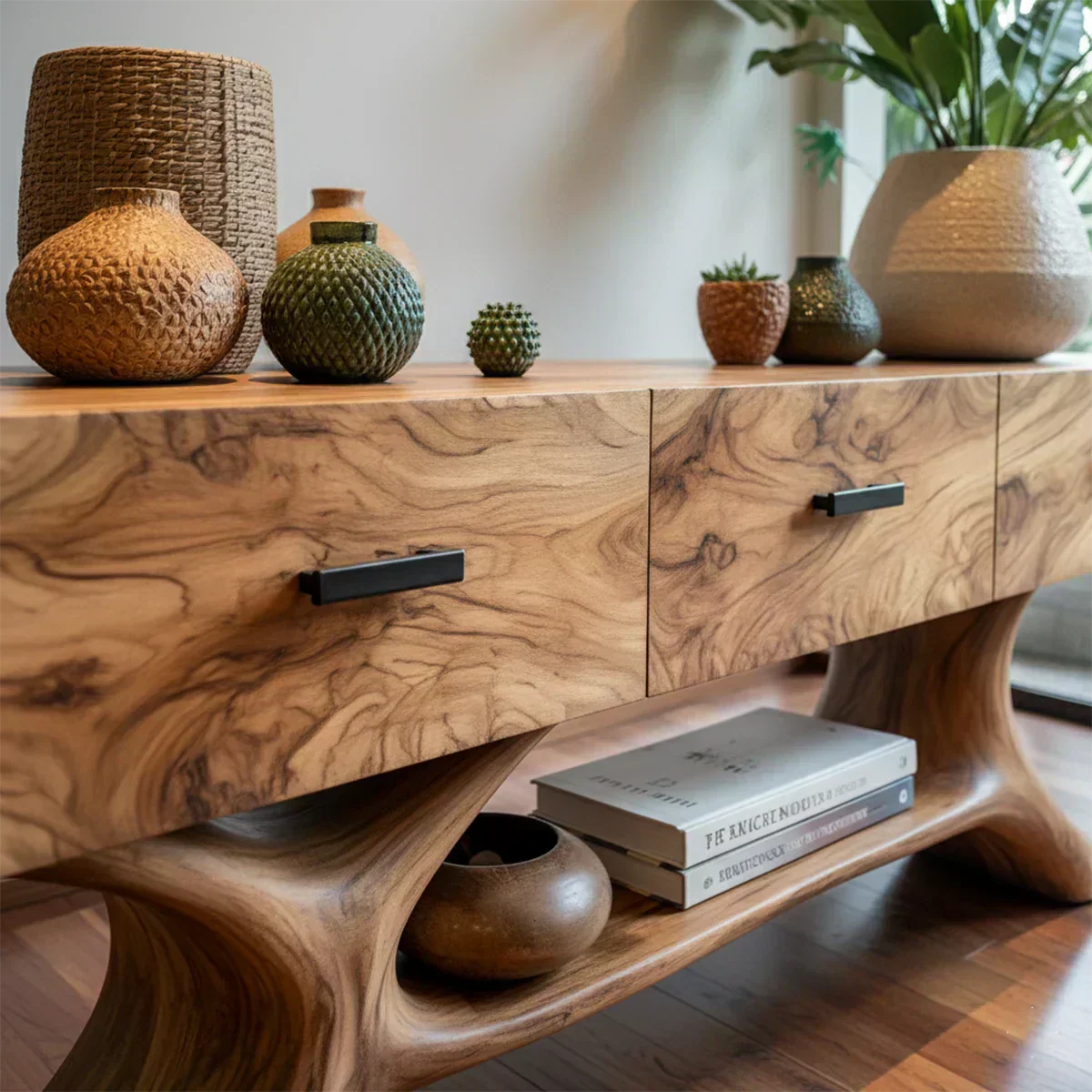 Solid Wood Console Table with Organic Sculptural Base & Drawers - Elitegemse - View 3