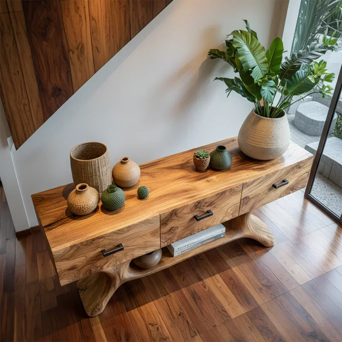 Solid Wood Console Table with Organic Sculptural Base & Drawers - Elitegemse - View 4
