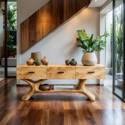 Solid Wood Console Table with Organic Sculptural Base & Drawers - Elitegemse - View 9