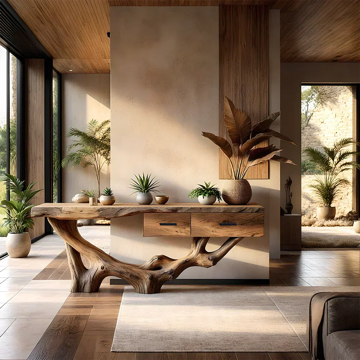 Solid Wood Console Table with Raw-Edge Top & Sculpted Root-Form Base - Elitegemse