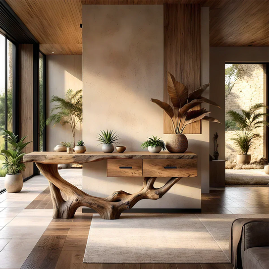 Solid Wood Console Table with Raw-Edge Top & Sculpted Root-Form Base - Elitegemse