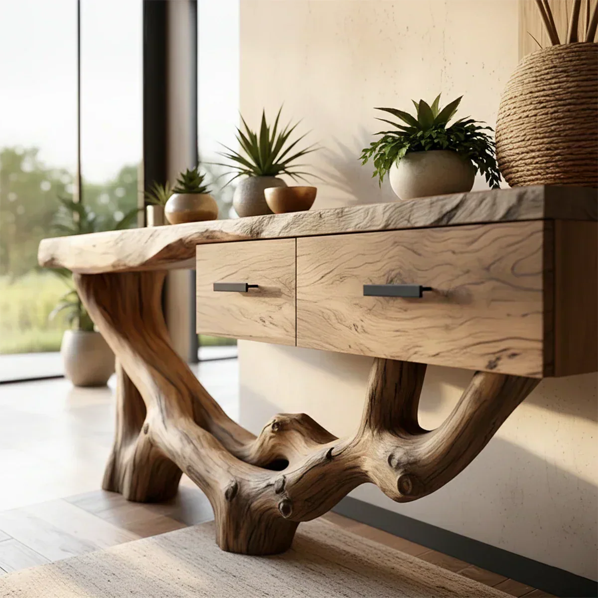 Solid Wood Console Table with Raw-Edge Top & Sculpted Root-Form Base - Elitegemse - View 4