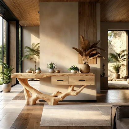 Solid Wood Console Table with Raw-Edge Top & Sculpted Root-Form Base - Elitegemse - View 8