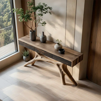 Solid Wood Console Table with Sculptural Branch-Form Base & Drawers - Elitegemse - View 2