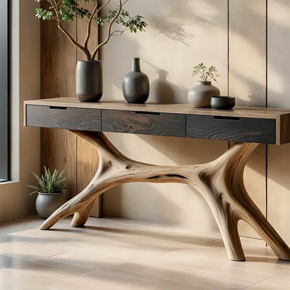 Solid Wood Console Table with Sculptural Branch-Form Base & Drawers - Elitegemse - View 3