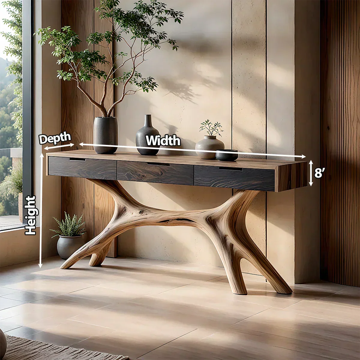 Solid Wood Console Table with Sculptural Branch-Form Base & Drawers - Elitegemse - View 5