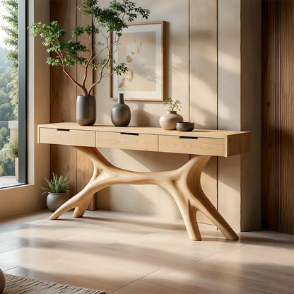 Solid Wood Console Table with Sculptural Branch-Form Base & Drawers - Elitegemse - View 6