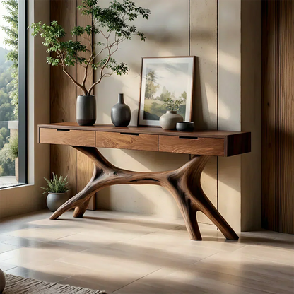 Solid Wood Console Table with Sculptural Branch-Form Base & Drawers - Elitegemse - View 8