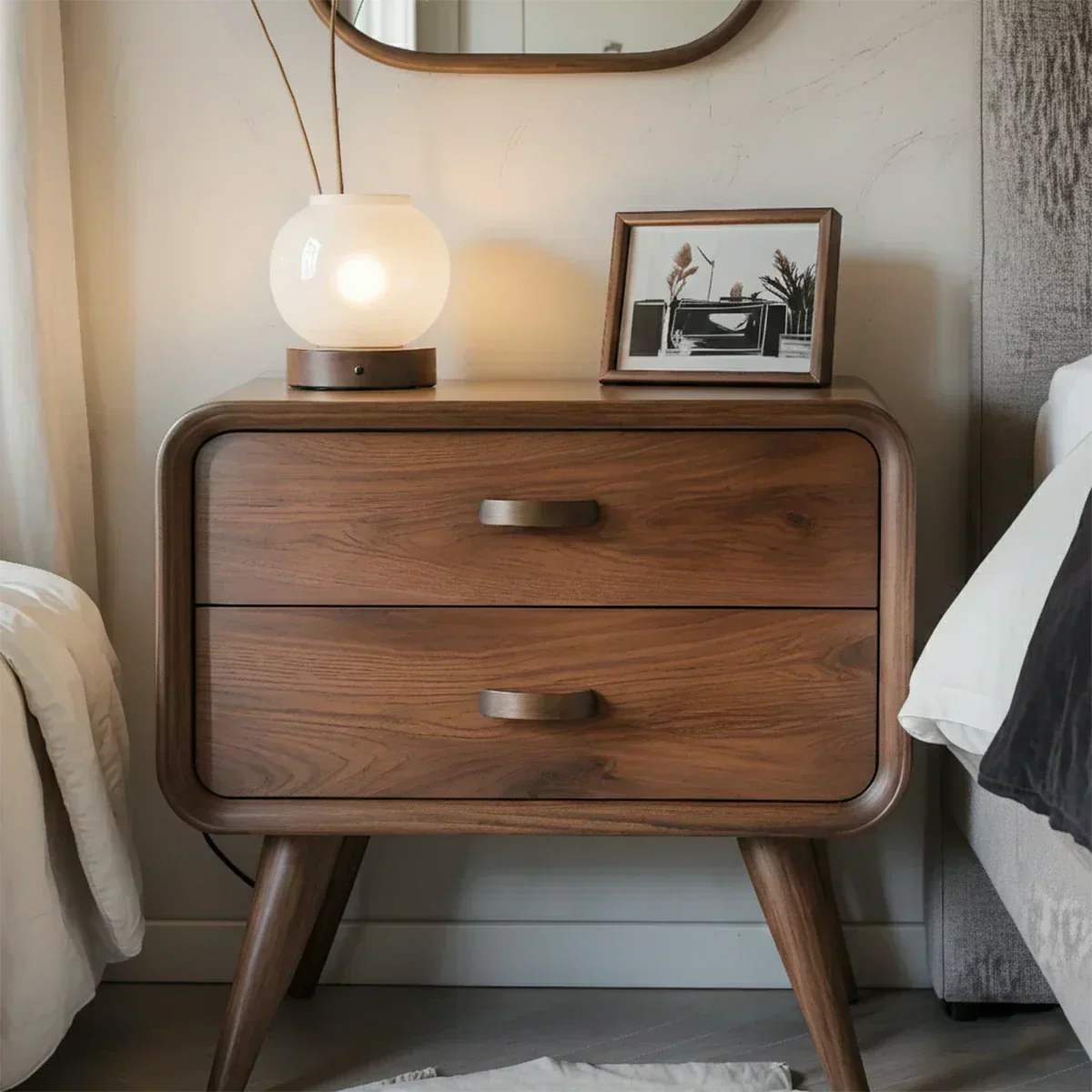Solid Wood Mid-Century Nightstand with Two Drawers - Elitegemse - View 2