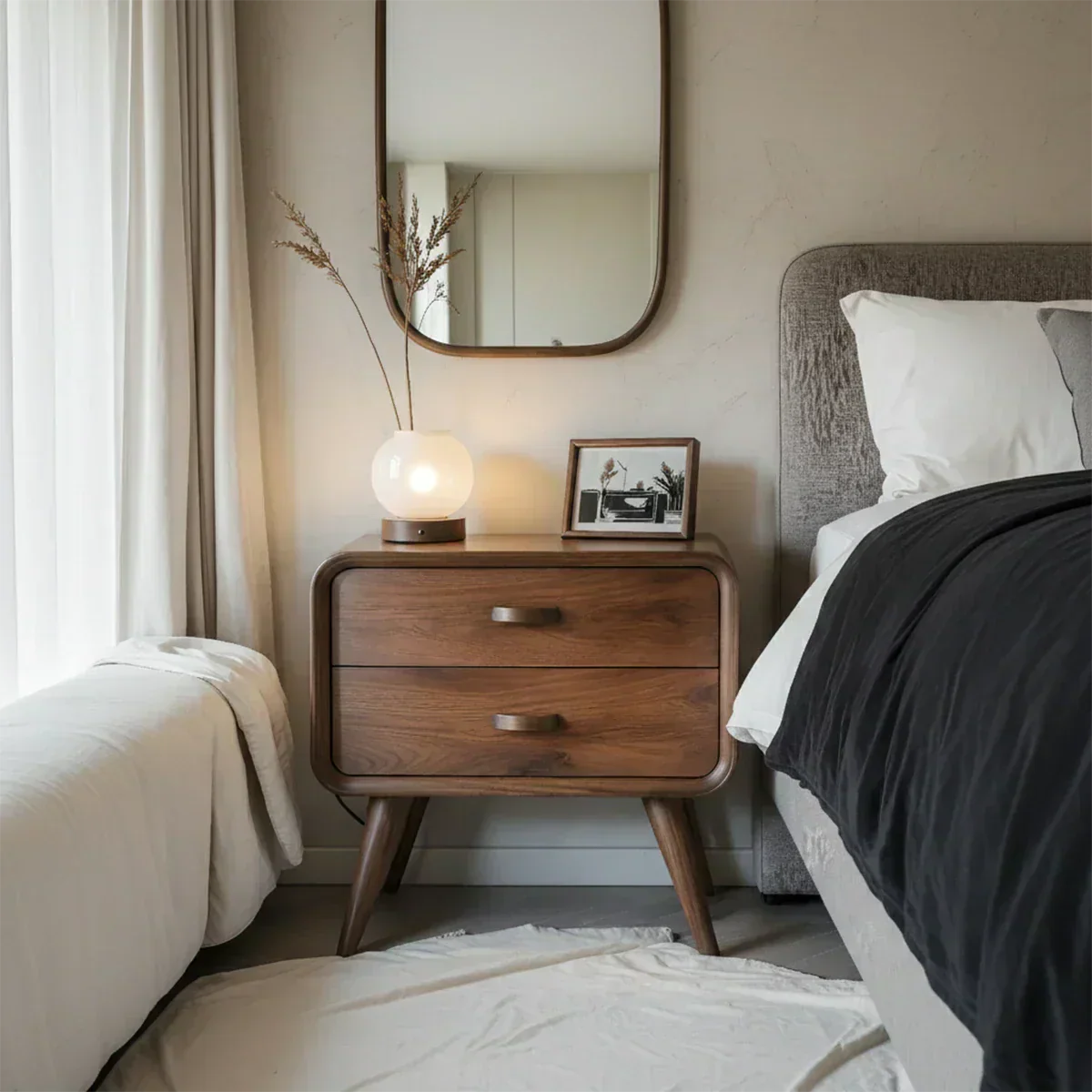 Solid Wood Mid-Century Nightstand with Two Drawers - Elitegemse - View 4