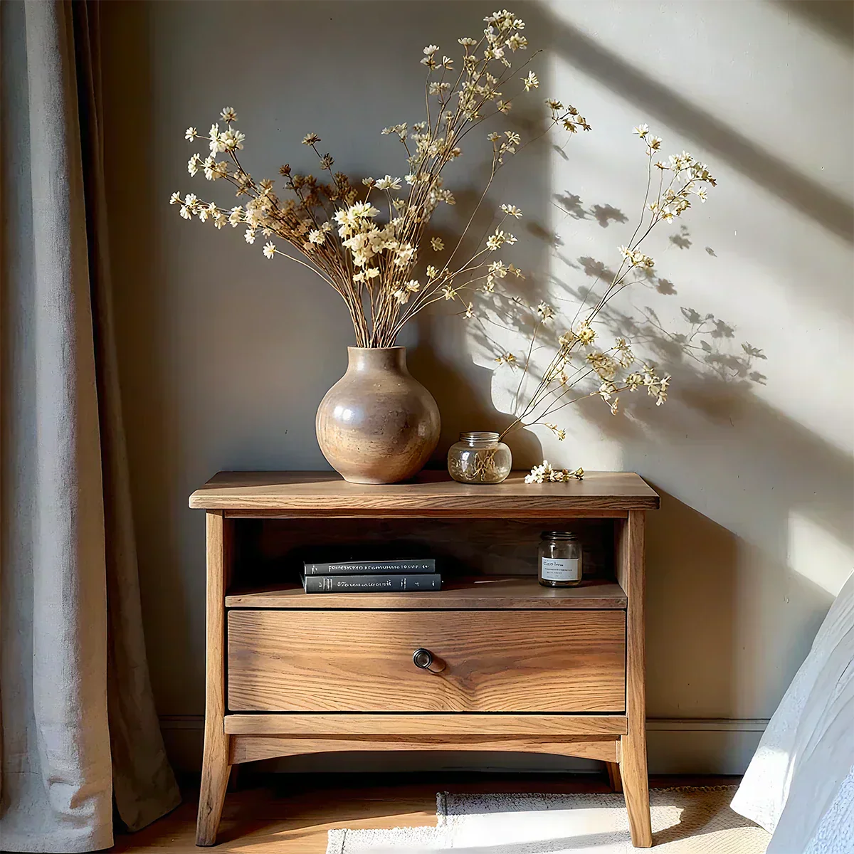 Solid Wood Minimalist Nightstand – Single Drawer & Open Shelf - Elitegemse