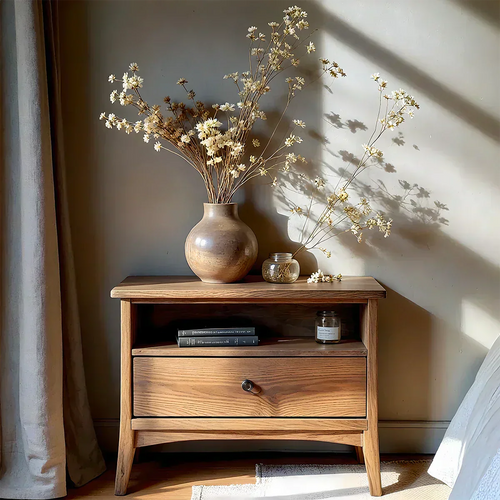 Solid Wood Minimalist Nightstand – Single Drawer & Open Shelf - Elitegemse