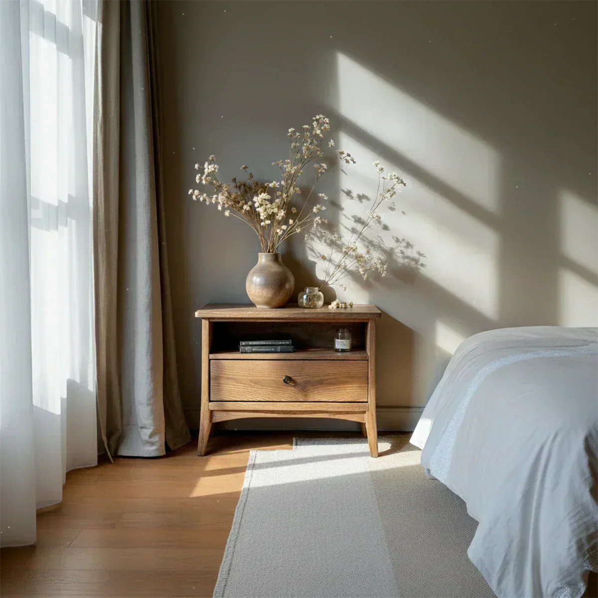 Solid Wood Minimalist Nightstand – Single Drawer & Open Shelf - Elitegemse - View 2