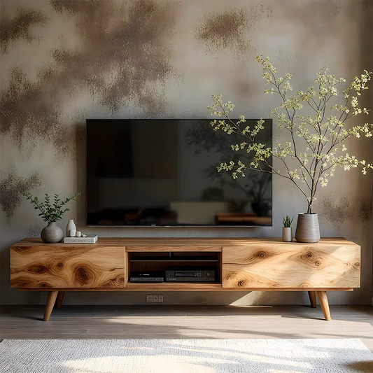 Solid Wood Modern TV Stand – Natural Finish Media Console - Elitegemse