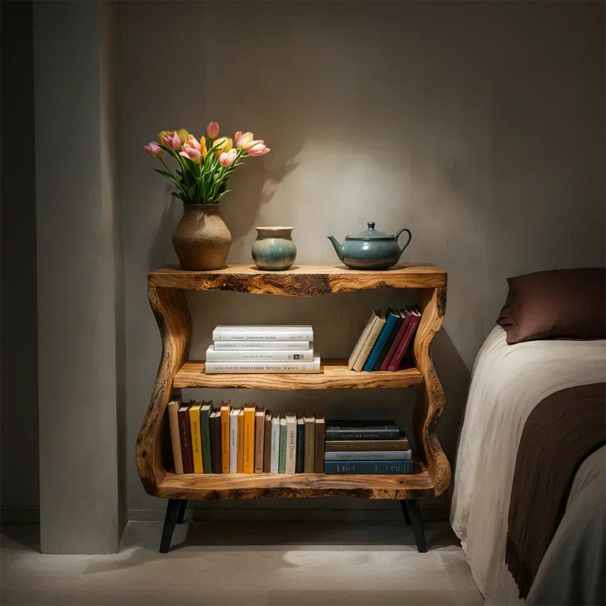 Solid Wood Nightstand – Curved Bookshelf Design - Elitegemse - View 2