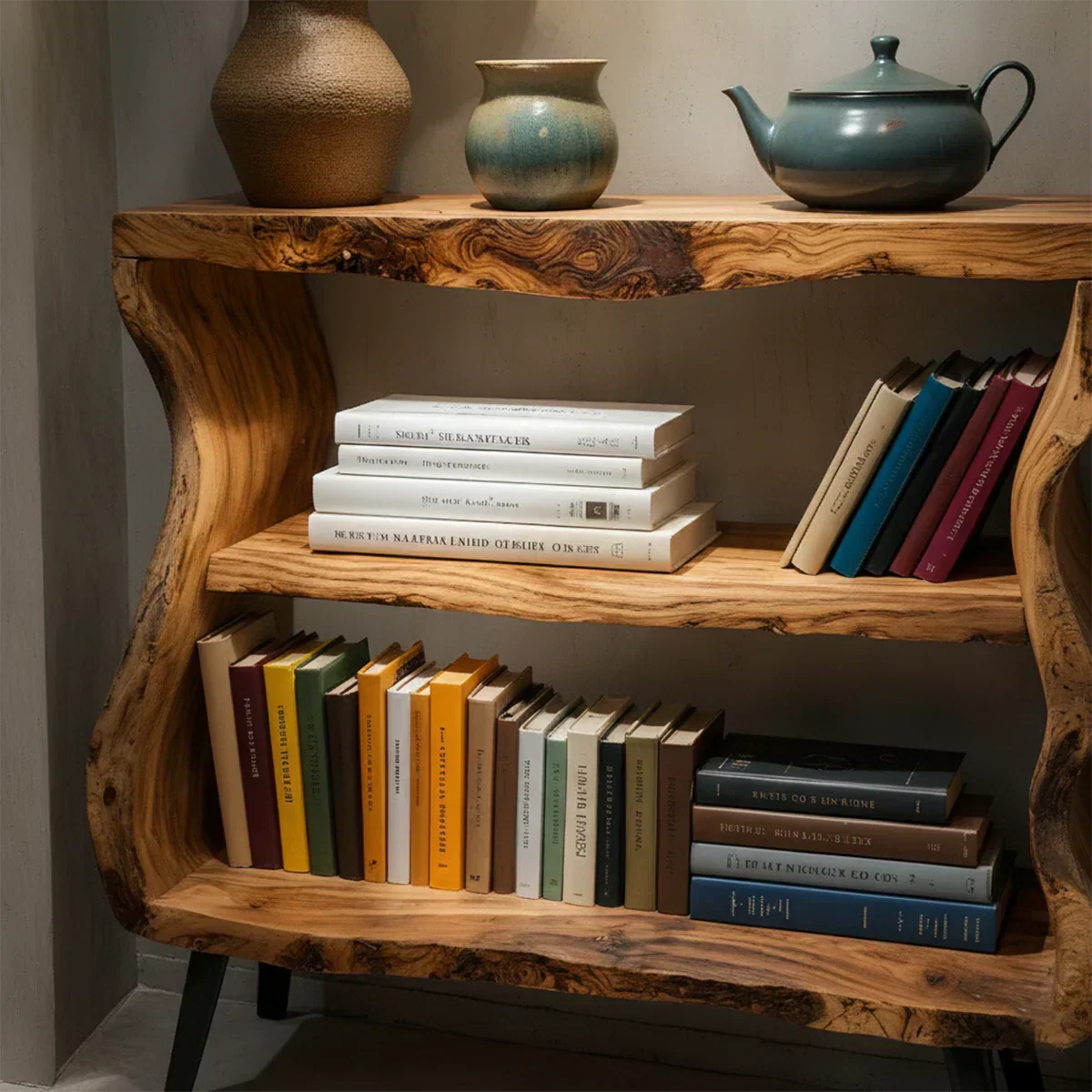 Solid Wood Nightstand – Curved Bookshelf Design - Elitegemse - View 4