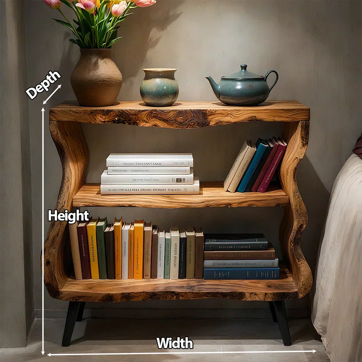 Solid Wood Nightstand – Curved Bookshelf Design - Elitegemse - View 6