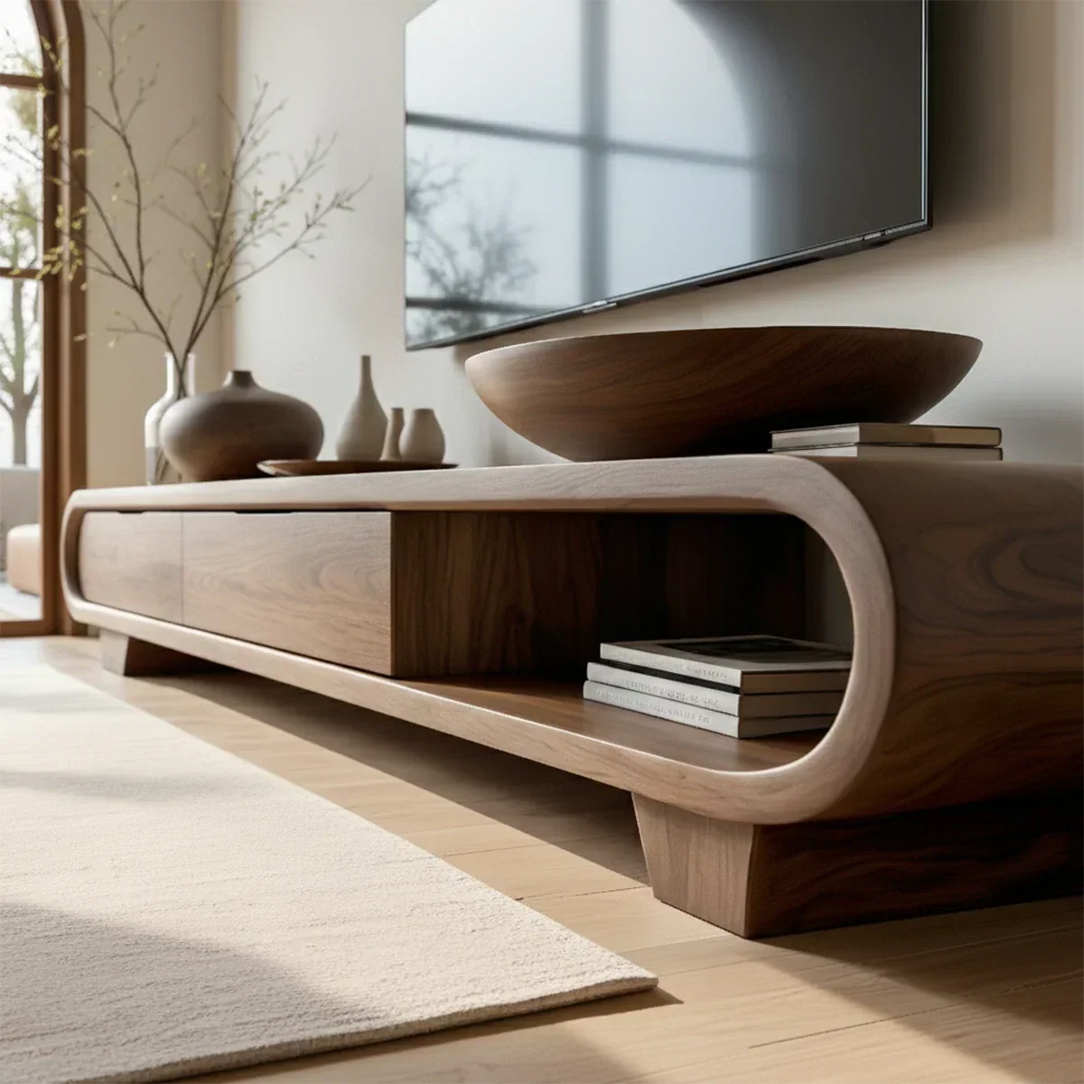 Solid Wood TV Stand with Low Profile Design and Rounded End Frame - ArborisWood - 4