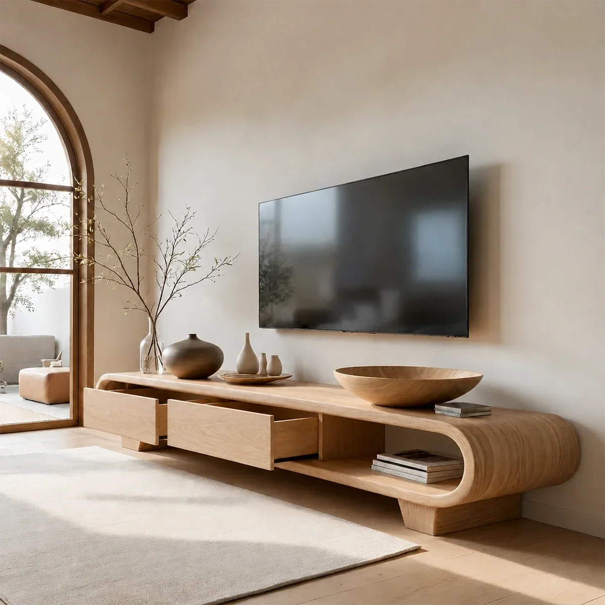 Solid Wood TV Stand with Low Profile Design and Rounded End Frame - ArborisWood - 7