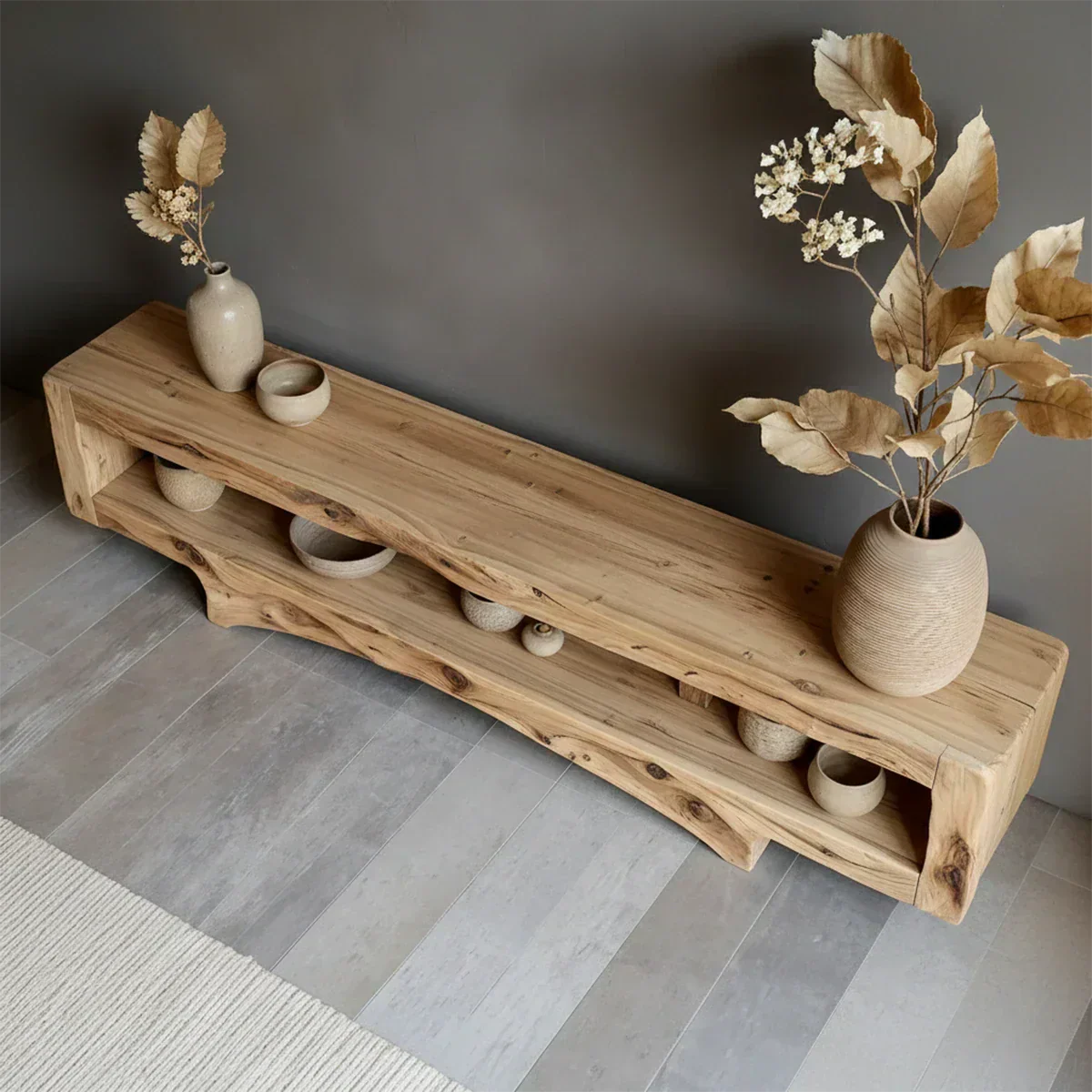 Solid Wood Wabi Sabi Console Table – Natural Finish Entryway & Living Room Shelf - Elitegemse - View 2